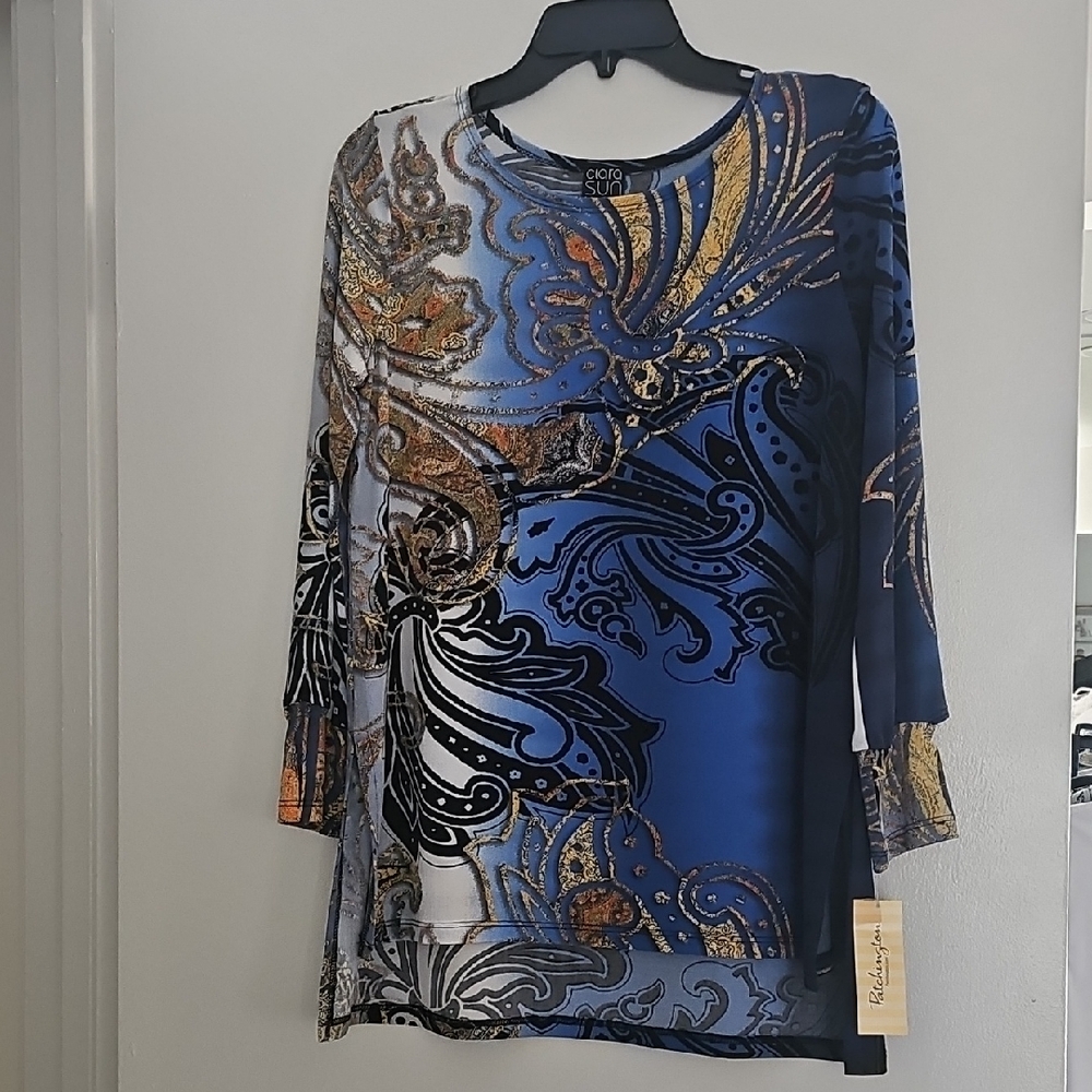 Clara Sunwoo Top Blue and Gold Asymmetrical 3/4 Sleeve Blouse Sz XS NWT